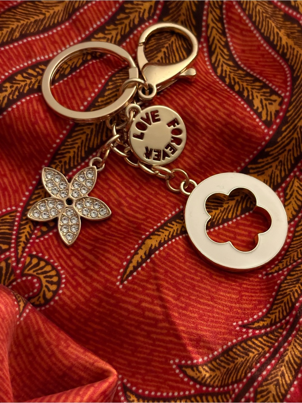 Gold-Tone Floral Charm Lv Keychain - Crystal Accent